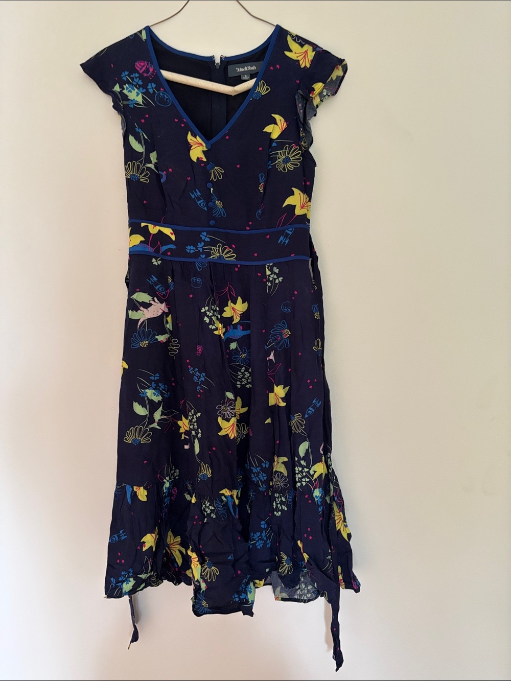 Modcloth Navy Floral V-Neck Maxi with Yellow and Blue Blooms